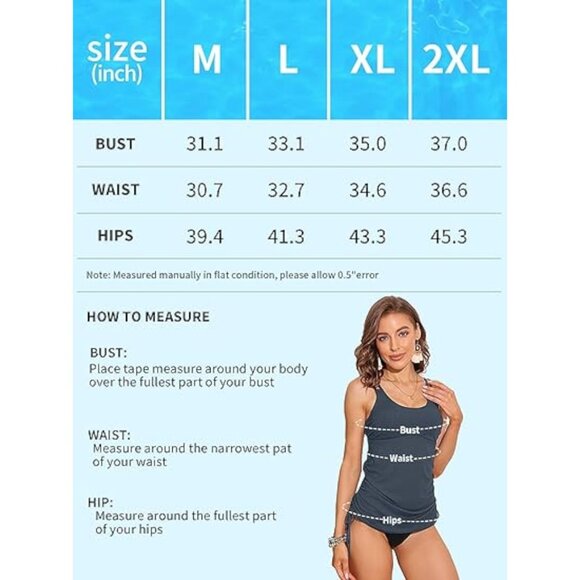 Charmo Tankini Top‎ Tie-side Drawstrings Tummy Control In Blue - Size Large - Picture 5 of 10